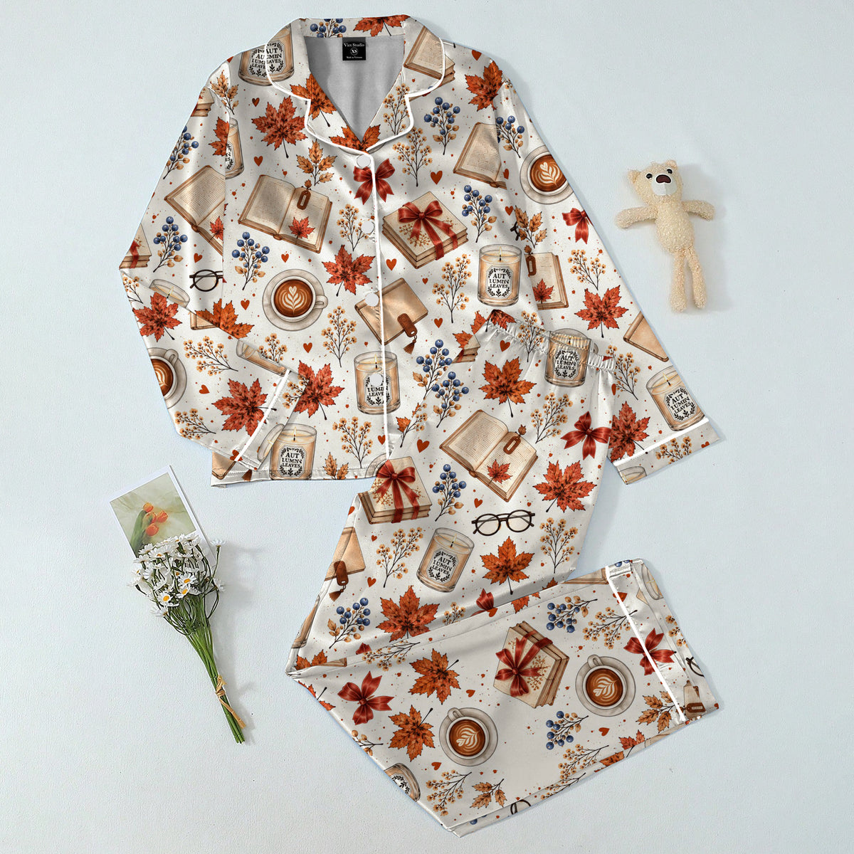 Autumn Books Coffee and Maple Leaf Pattern Long Sleeve Pajama Set