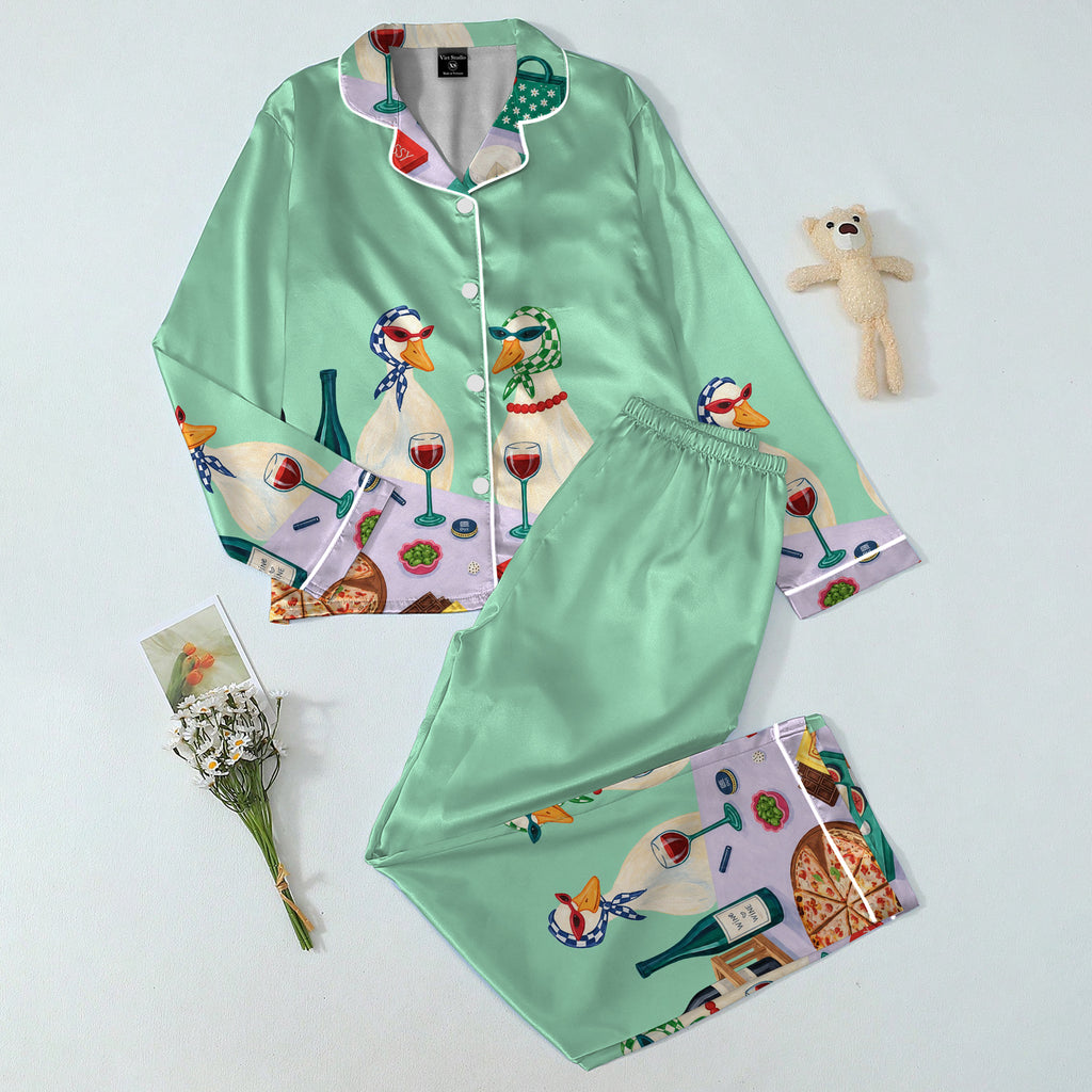Goose Wine and Pizza Print Long Sleeve Pajama Set