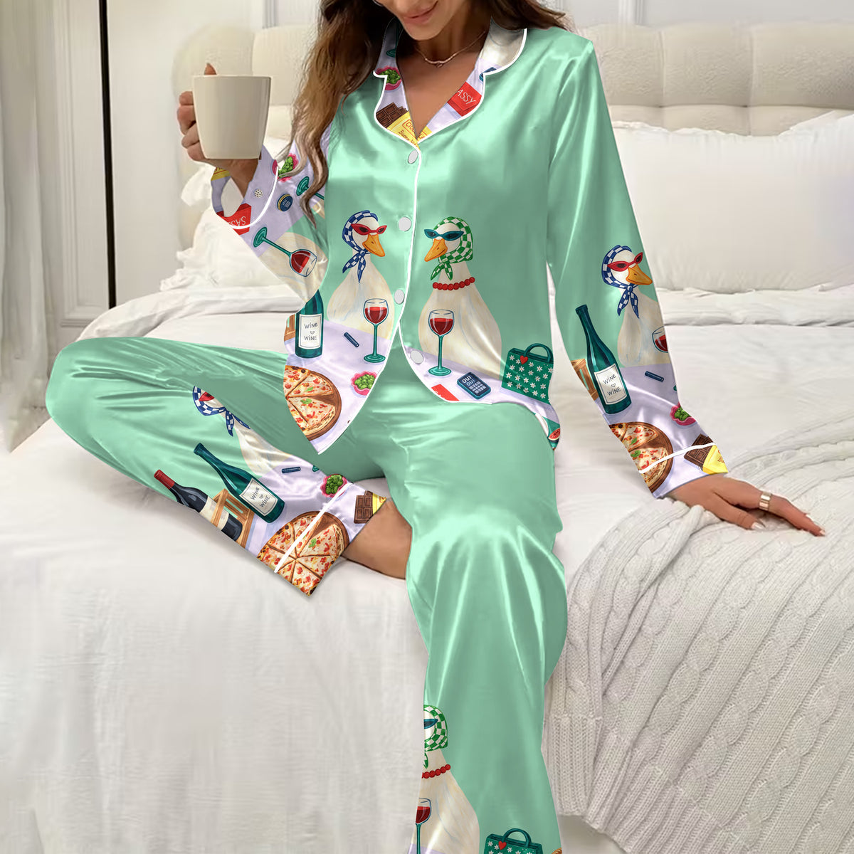 Goose Wine and Pizza Print Long Sleeve Pajama Set