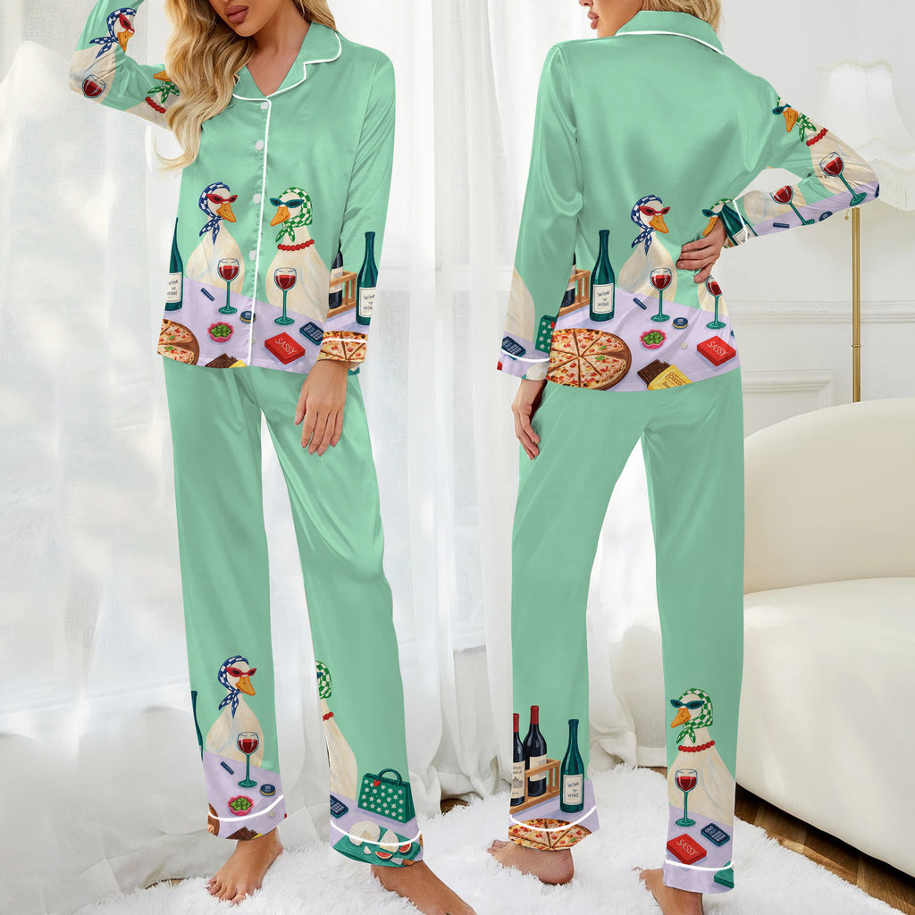 Goose Wine and Pizza Print Long Sleeve Pajama Set