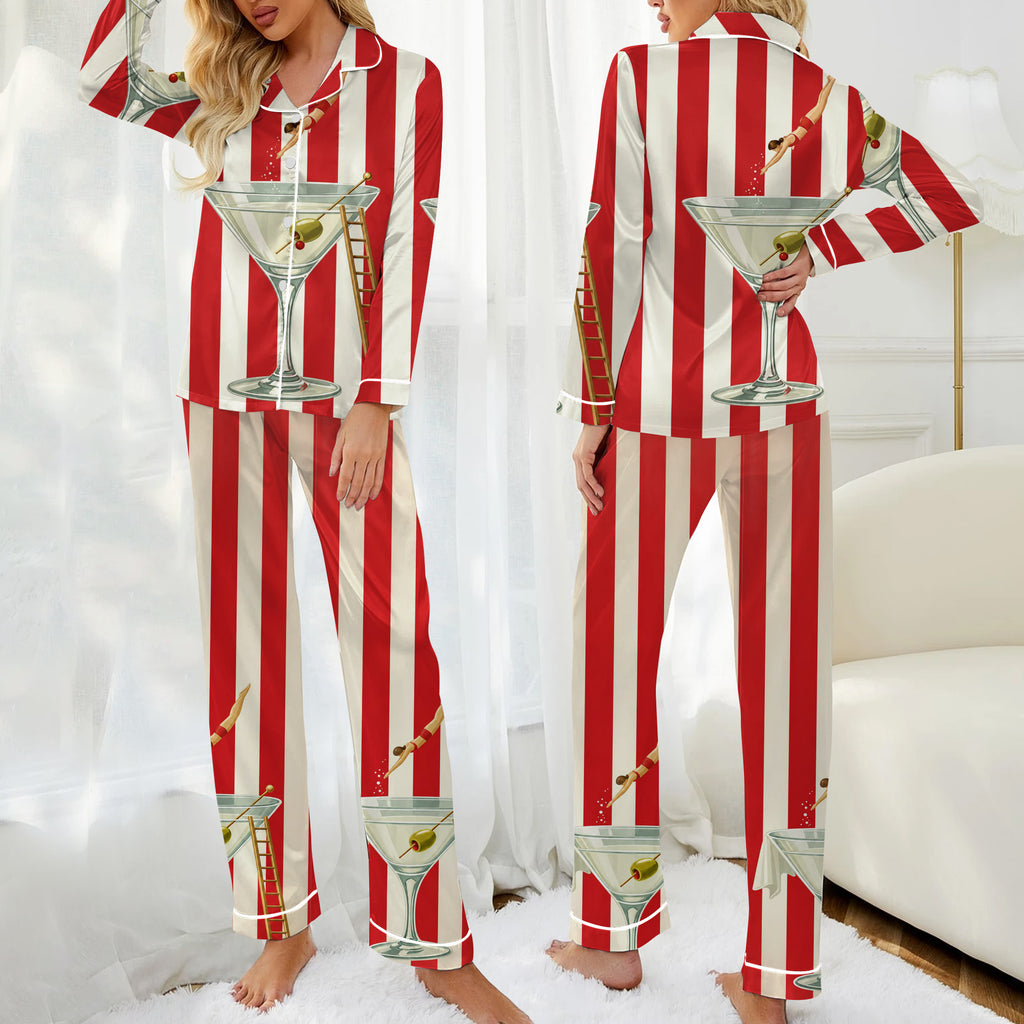 Martini Glass and Stripe Print Long Sleeve Pajama Set