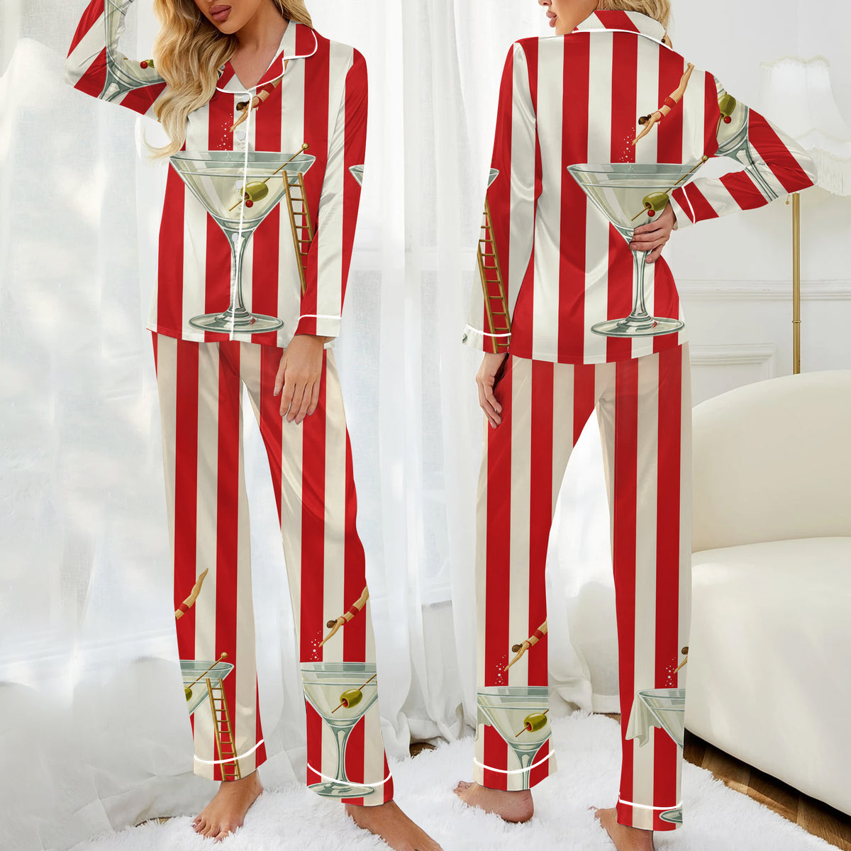 Martini Glass and Stripe Print Long Sleeve Pajama Set