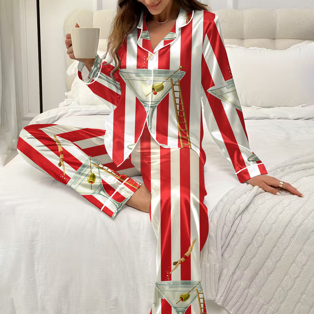 Martini Glass and Stripe Print Long Sleeve Pajama Set