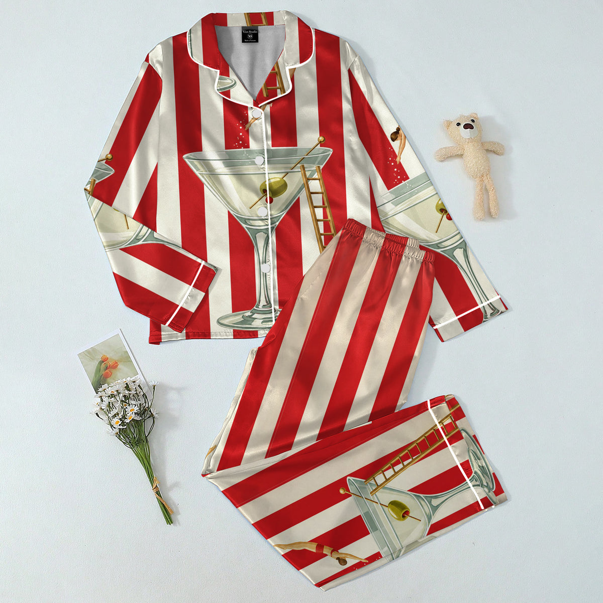 Martini Glass and Stripe Print Long Sleeve Pajama Set