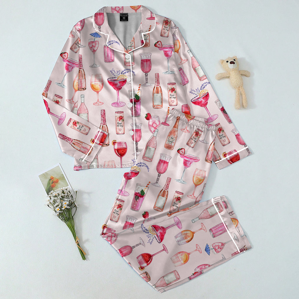 Rosé Wine and Cocktail Pattern Long Sleeve Pajama Set