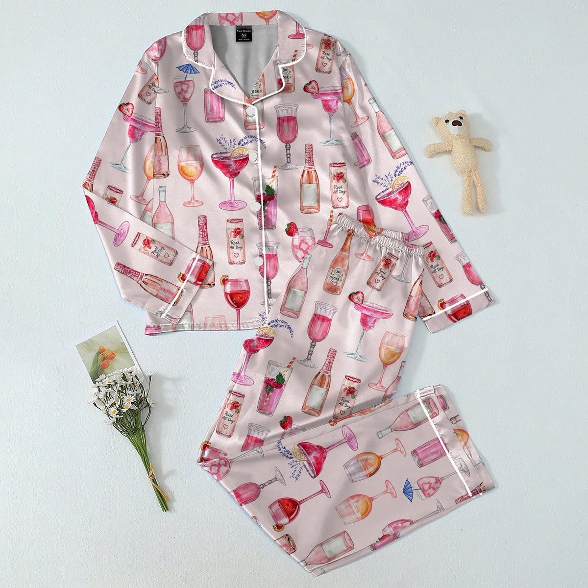 Rosé Wine and Cocktail Pattern Long Sleeve Pajama Set