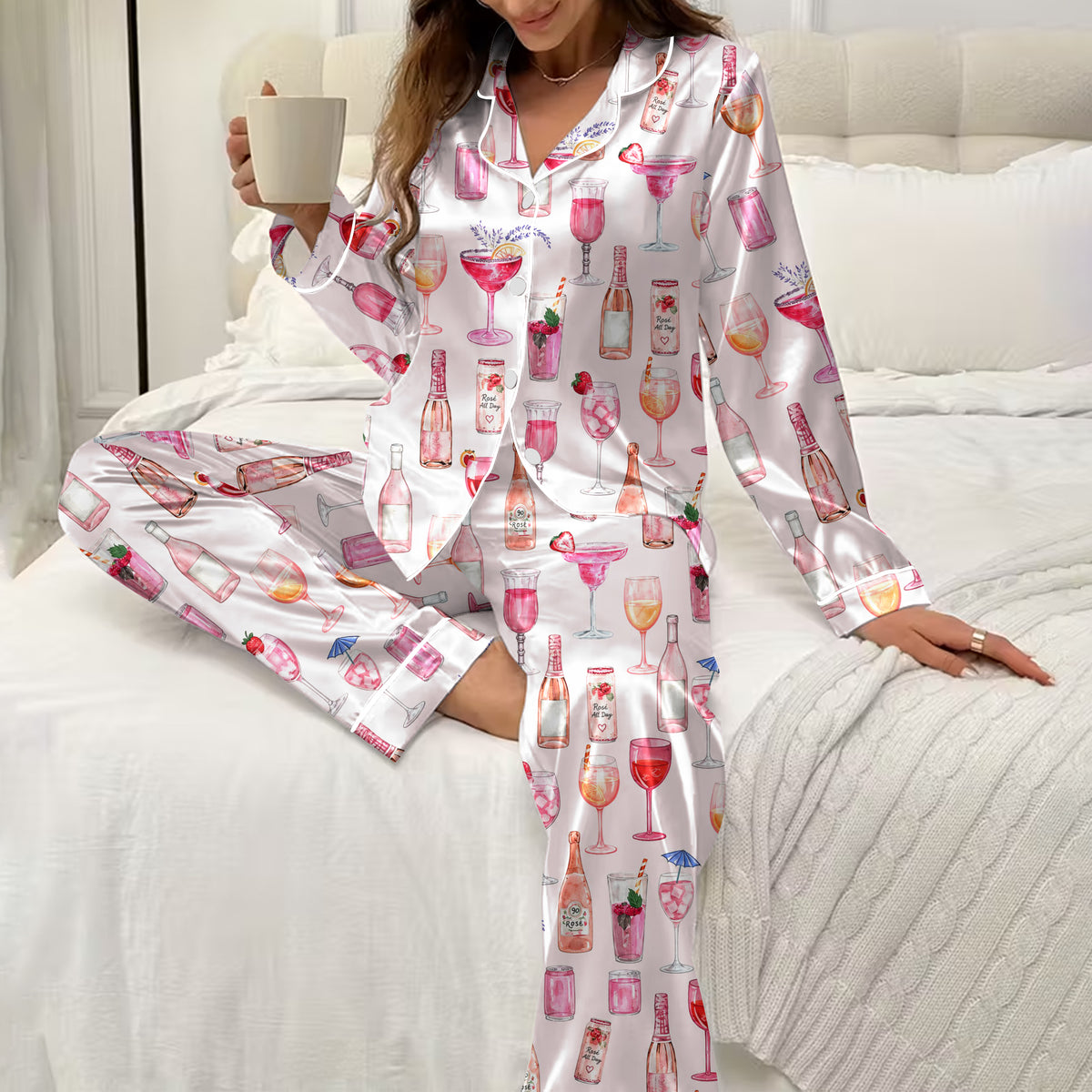 Rosé Wine and Cocktail Pattern Long Sleeve Pajama Set