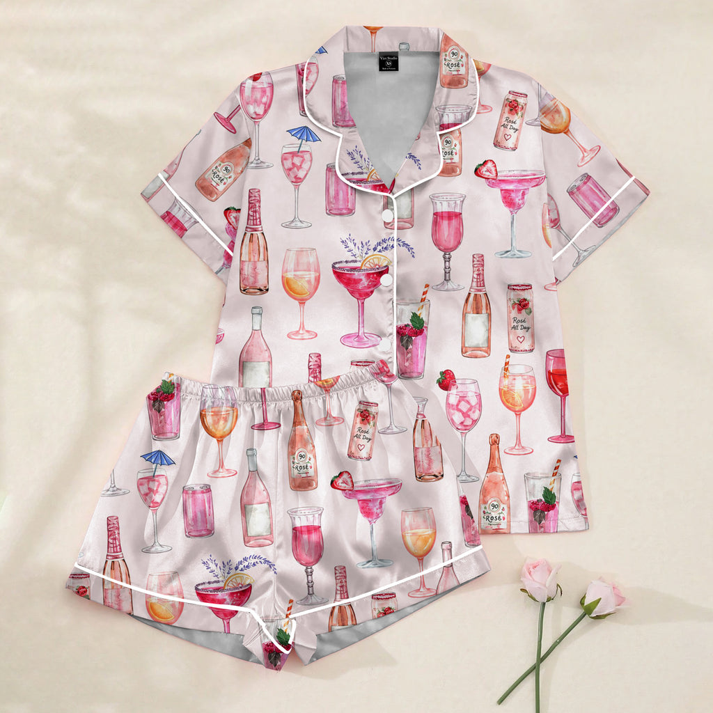Rosé Wine and Cocktail Pattern Short Sleeve Pajama Set