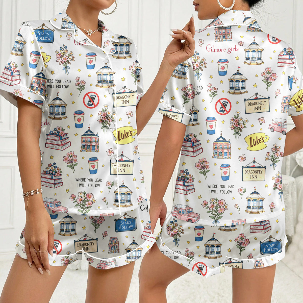 Gilmore Girls Stars Hollow and Coffee Print Short Sleeve Pajama Set