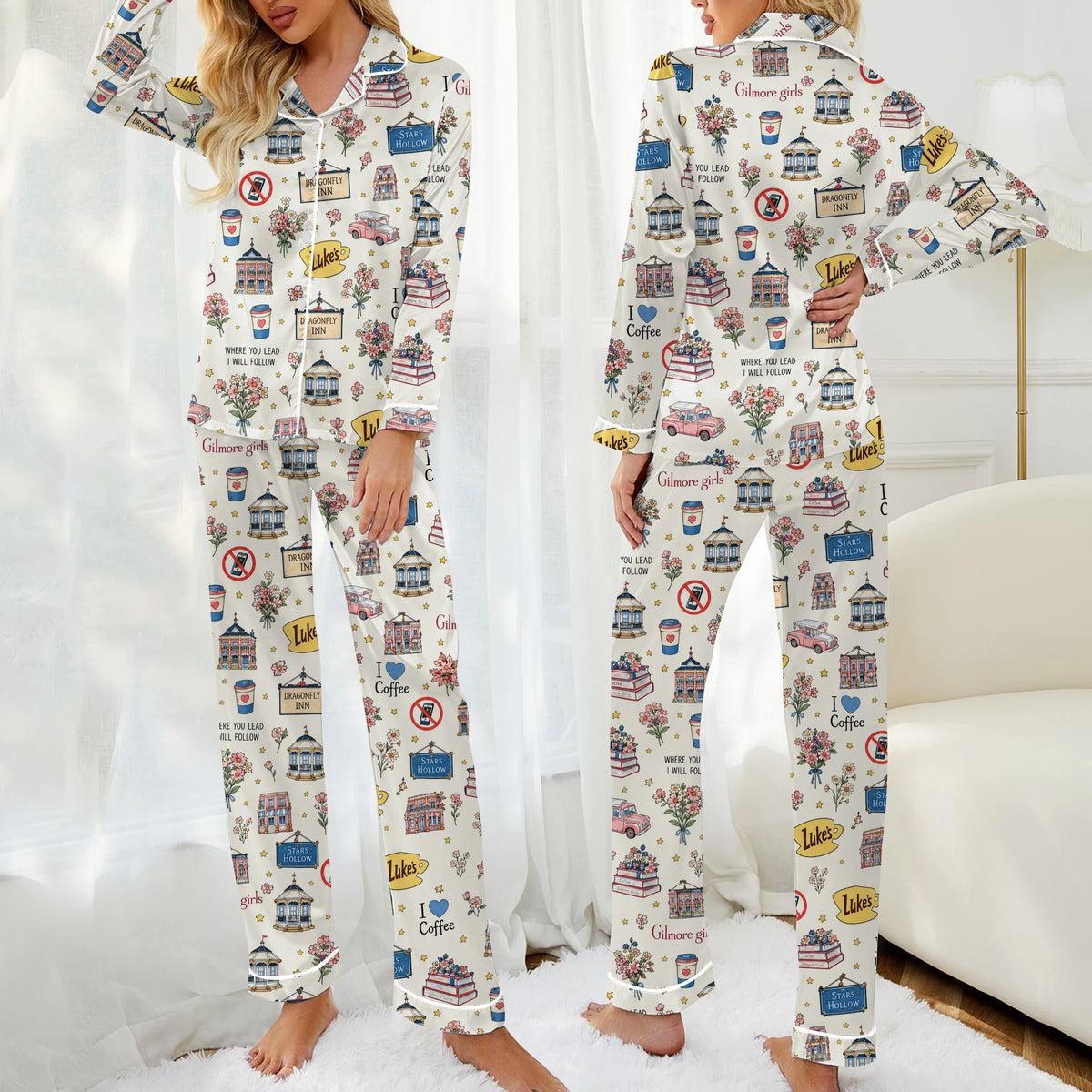 Gilmore Girls Stars Hollow and Coffee Print Long Sleeve Pajama Set