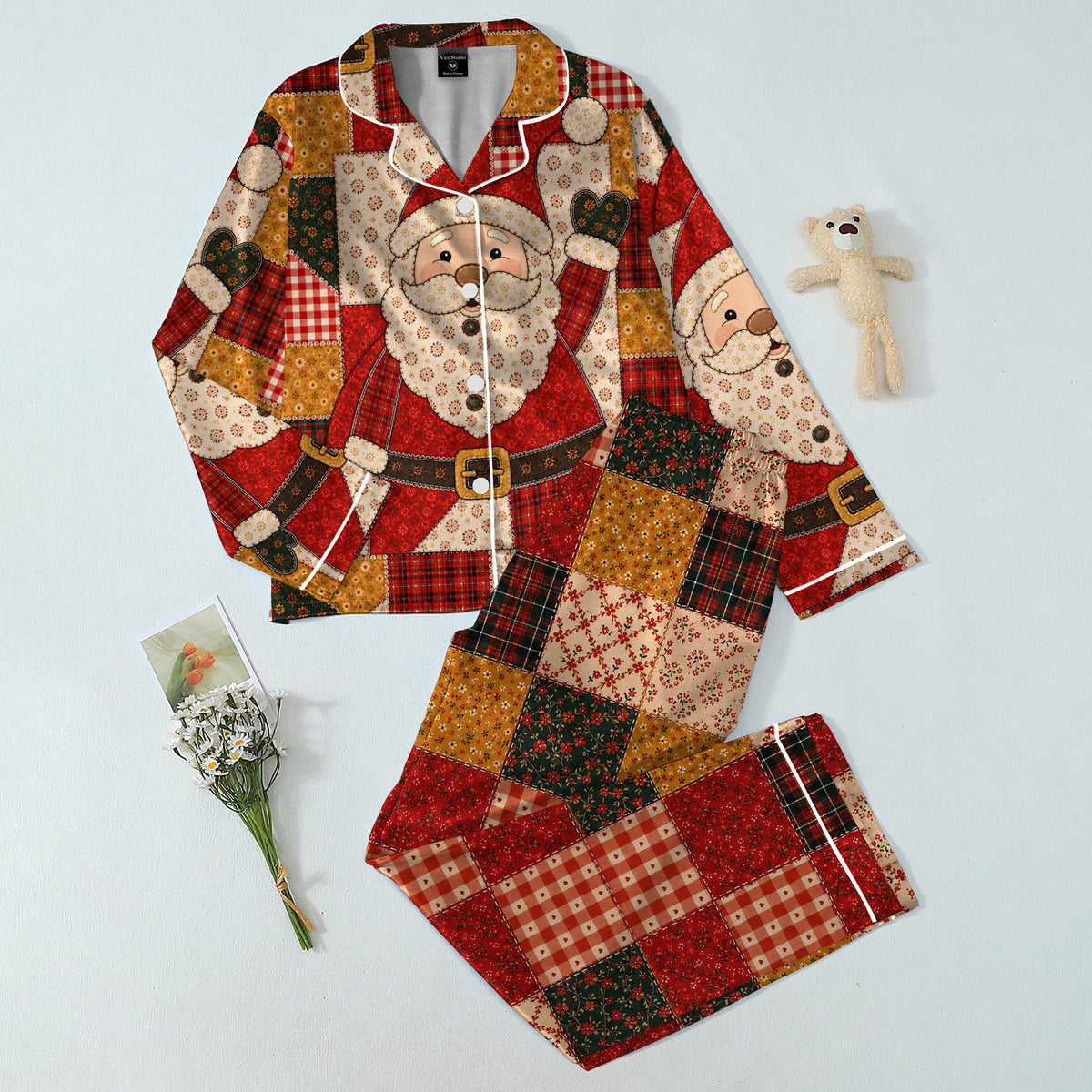 Christmas Santa Floral and Plaid Patchwork Print Long Sleeve Pajama Set