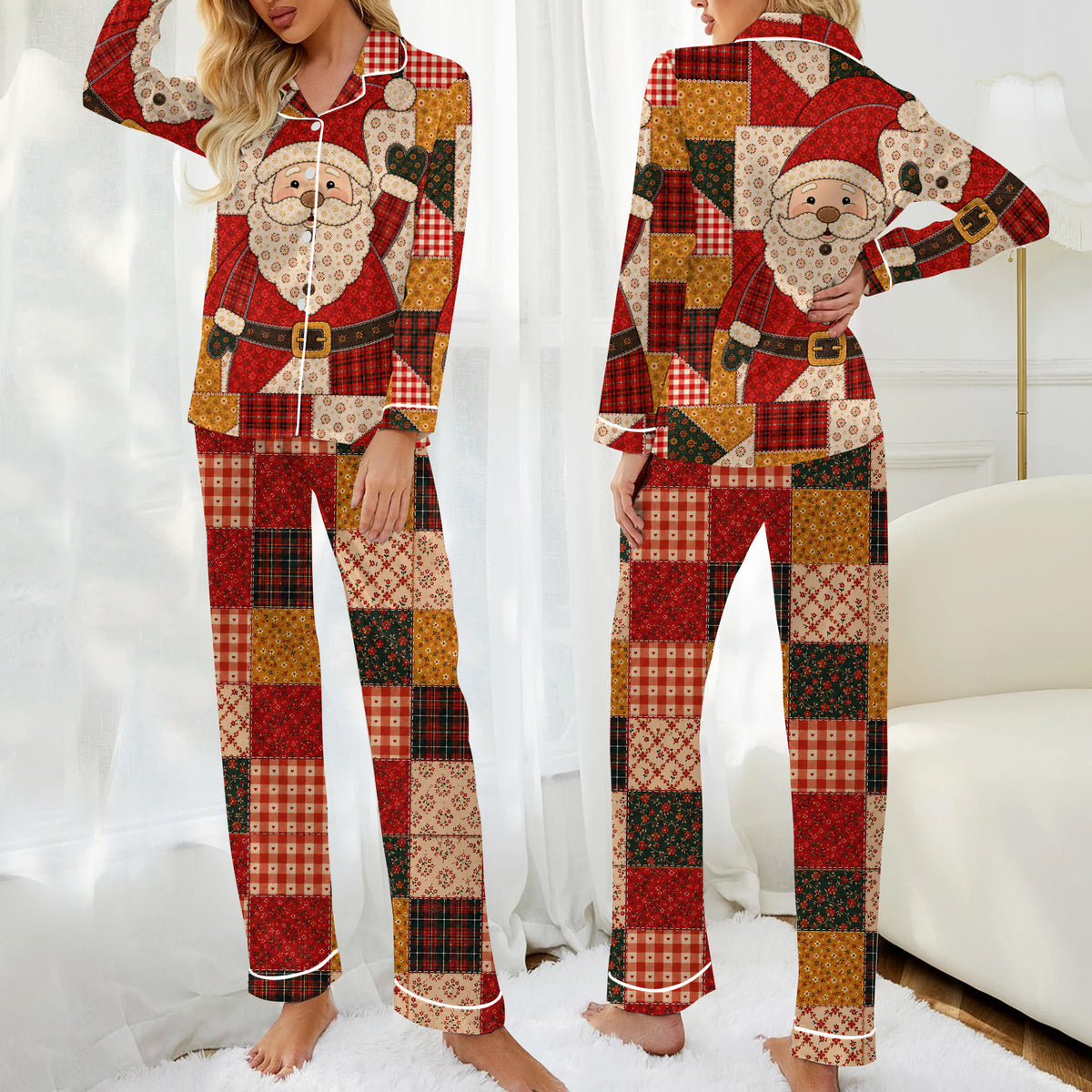 Christmas Santa Floral and Plaid Patchwork Print Long Sleeve Pajama Set