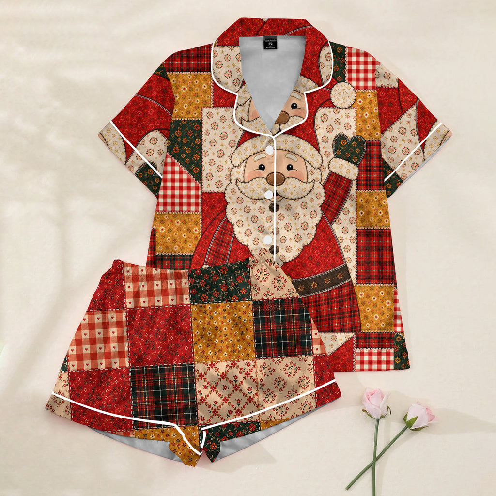 Christmas Santa Floral and Plaid Patchwork Print Short Sleeve Pajama Set