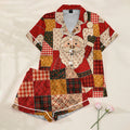 Christmas Santa Floral and Plaid Patchwork Print Short Sleeve Pajama Set