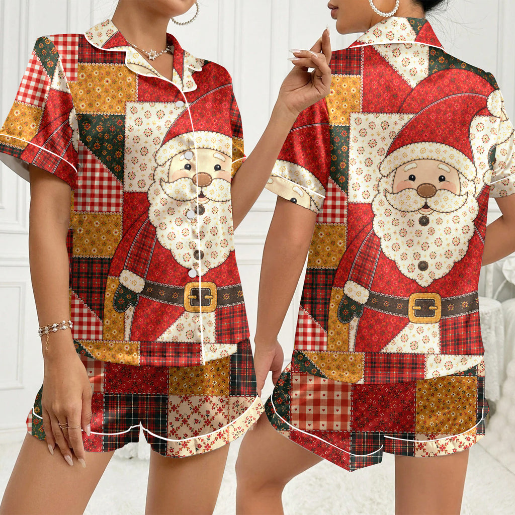 Christmas Santa Floral and Plaid Patchwork Print Short Sleeve Pajama Set
