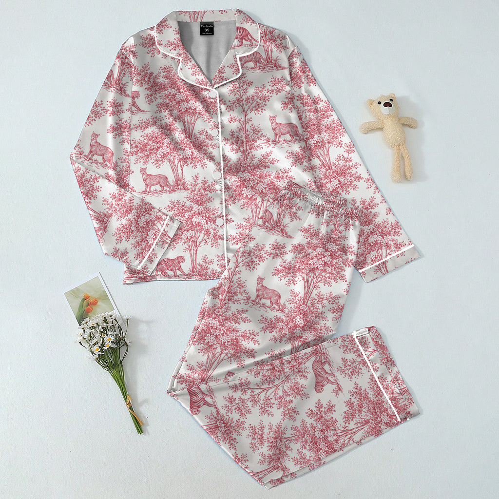 Tiger and Leopard Botanical Toile Print Long Sleeve Pajama Set