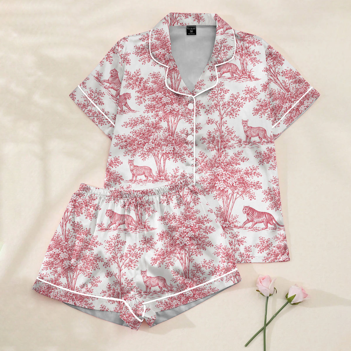 Tiger and Leopard Botanical Toile Print Short Sleeve Pajama Set