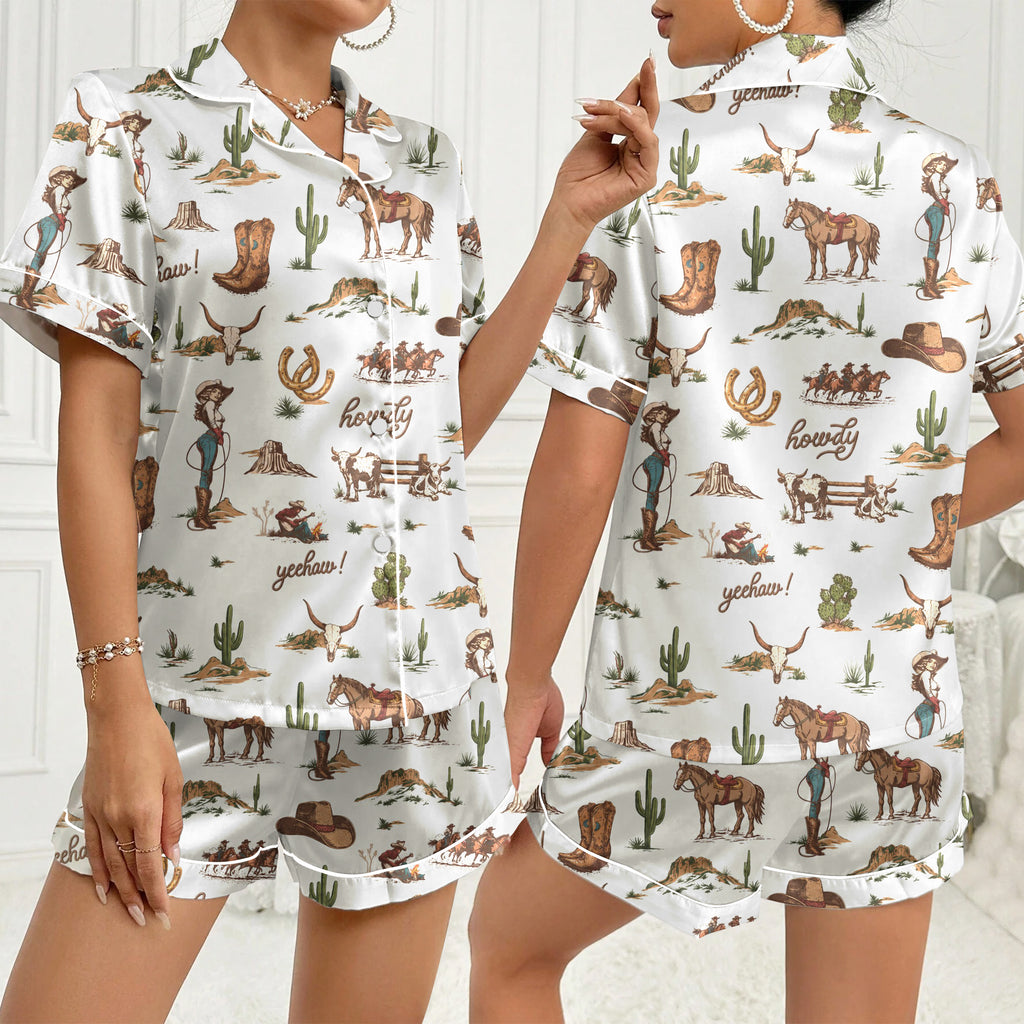 Western Cowgirl Horse and Cactus Print Short Sleeve Pajama Set