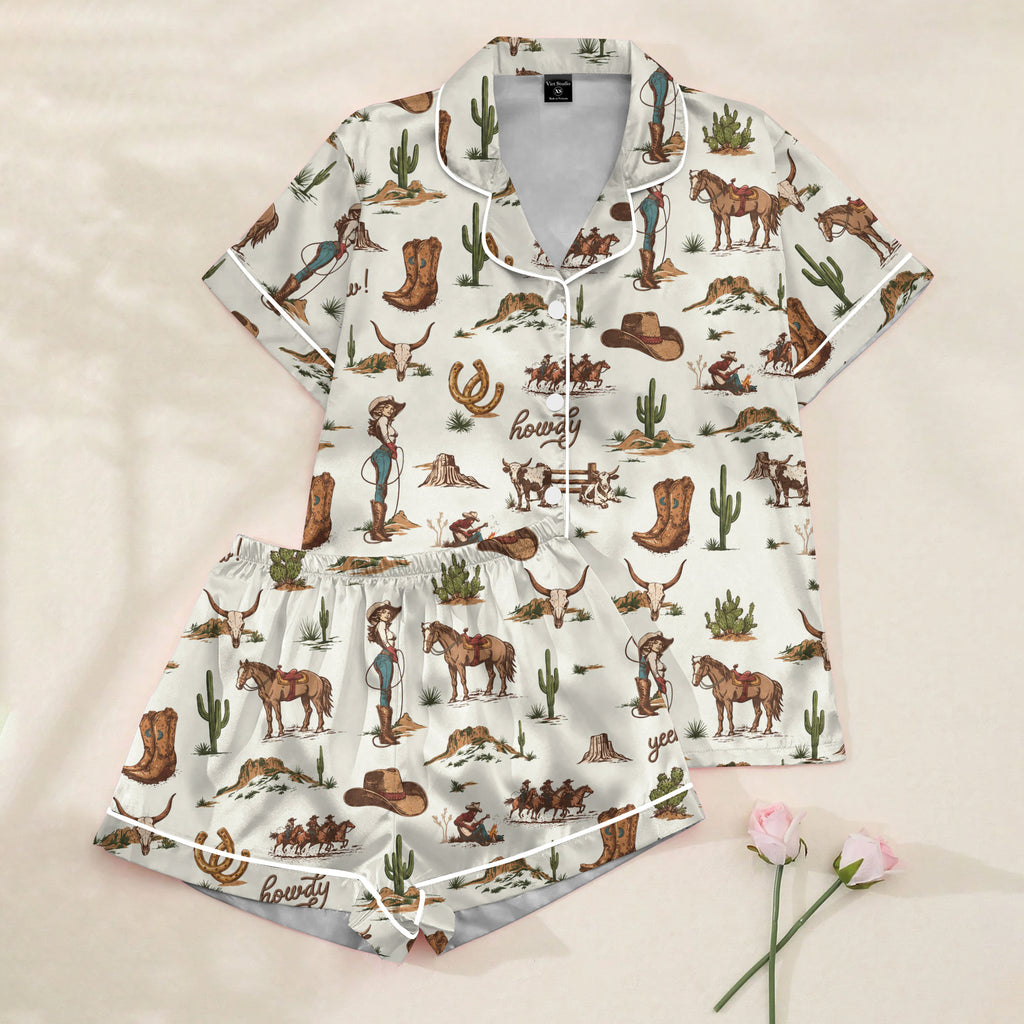 Western Cowgirl Horse and Cactus Print Short Sleeve Pajama Set