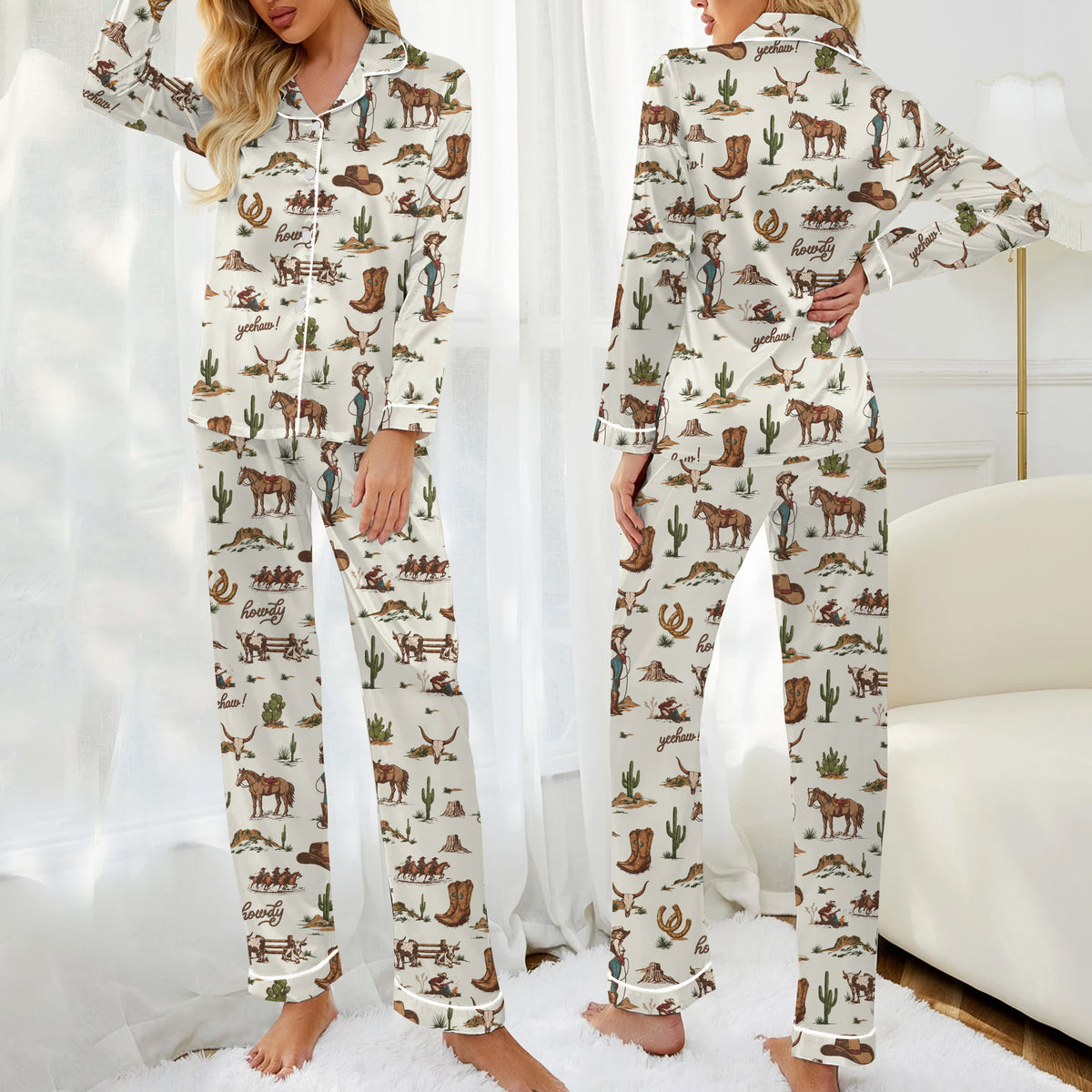 Western Cowgirl Horse and Cactus Print Long Sleeve Pajama Set