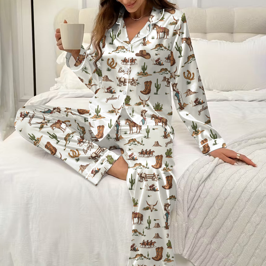 Western Cowgirl Horse and Cactus Print Long Sleeve Pajama Set