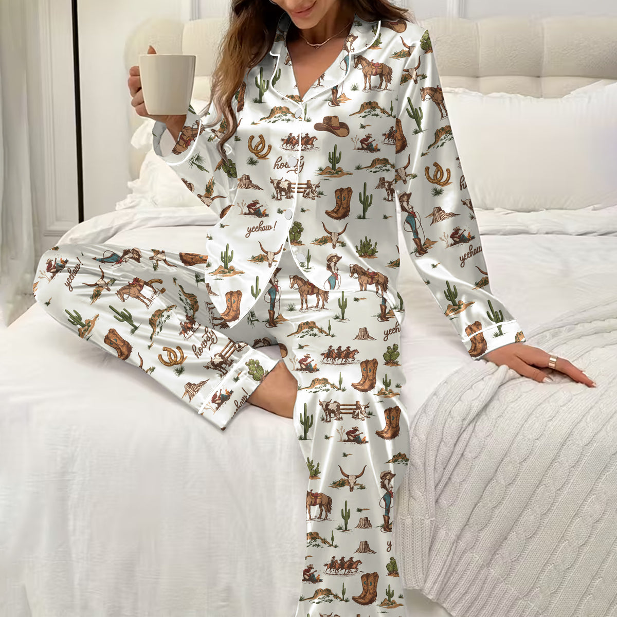 Western Cowgirl Horse and Cactus Print Long Sleeve Pajama Set
