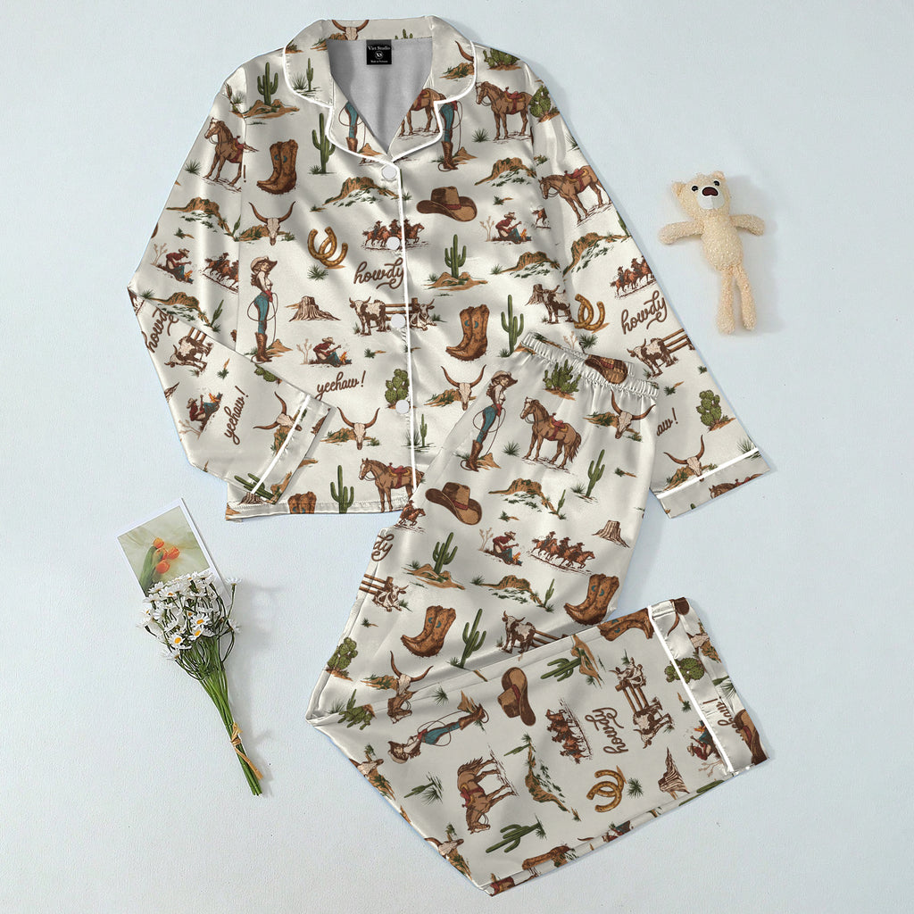 Western Cowgirl Horse and Cactus Print Long Sleeve Pajama Set