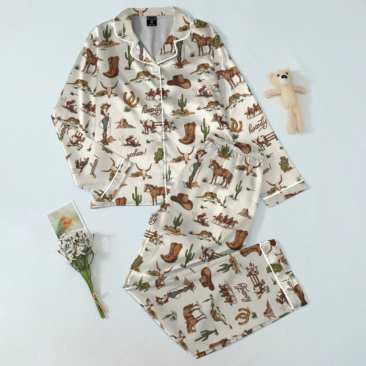 Western Cowgirl Horse and Cactus Print Long Sleeve Pajama Set