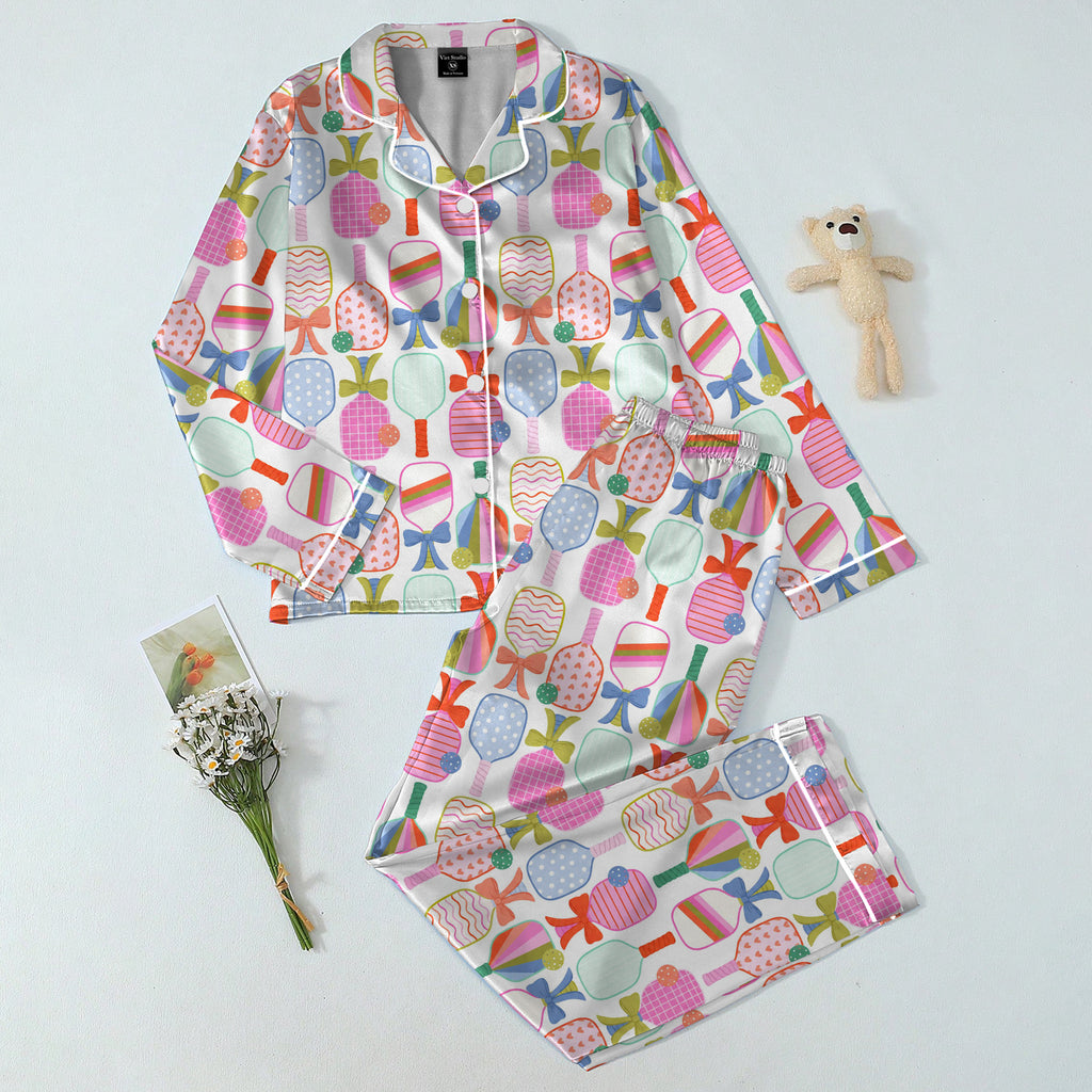 Pickleball Paddle and Bow Pattern Long Sleeve Pajama Set