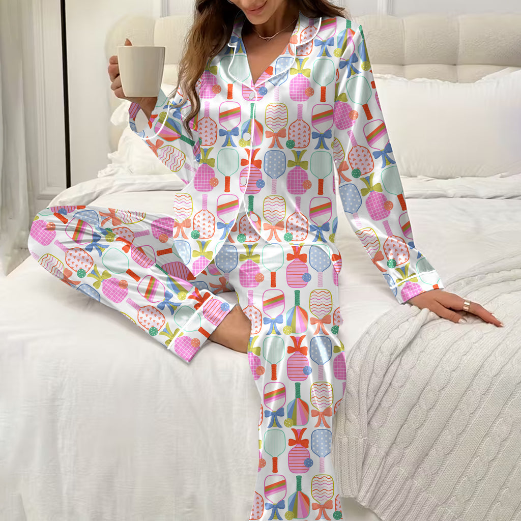 Pickleball Paddle and Bow Pattern Long Sleeve Pajama Set