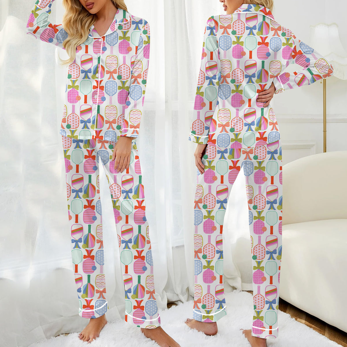 Pickleball Paddle and Bow Pattern Long Sleeve Pajama Set