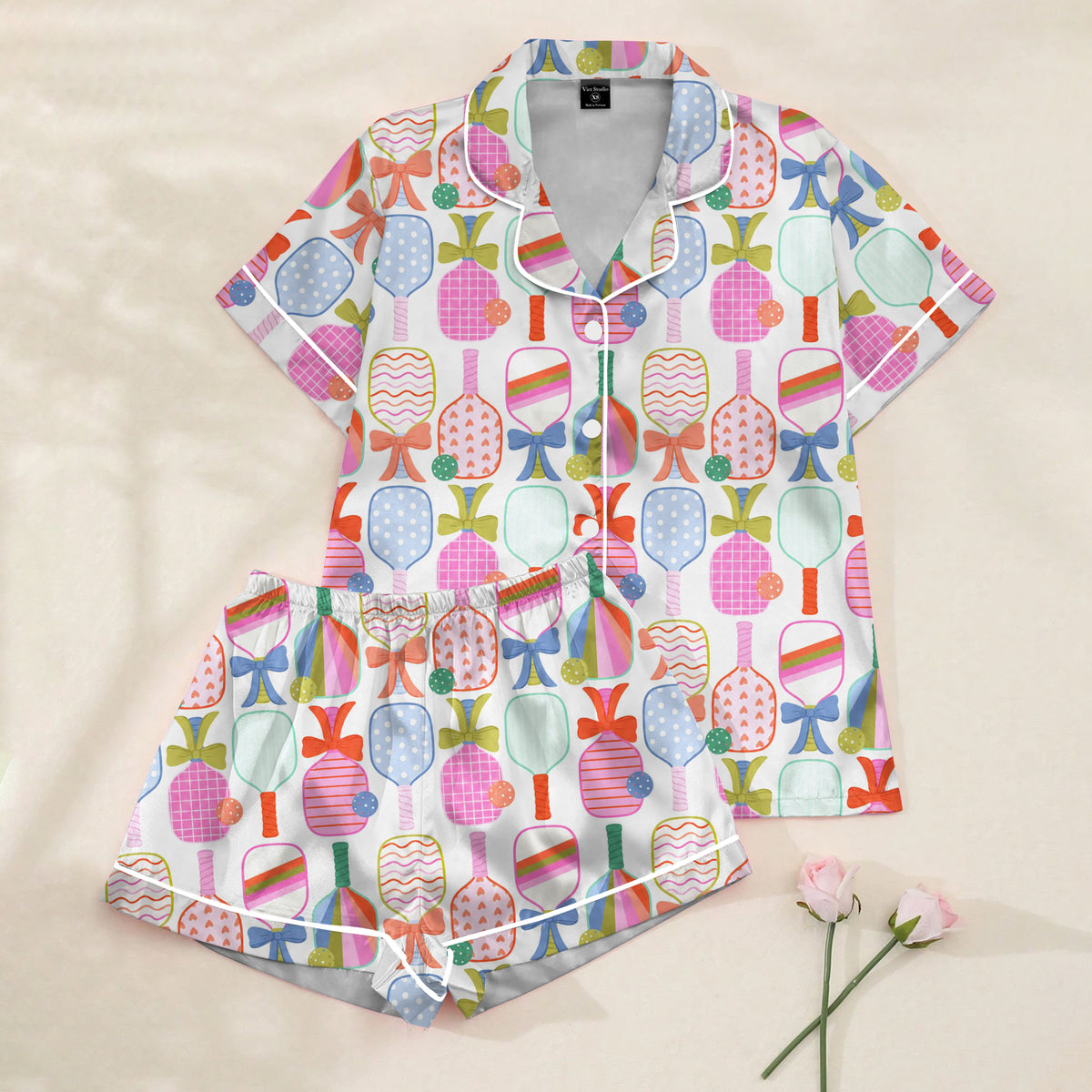 Pickleball Paddle and Bow Pattern Short Sleeve Pajama Set