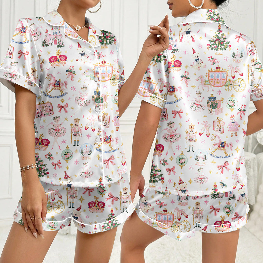 Christmas Nutcracker and Ballerina Pattern Short Sleeve Pajama Set