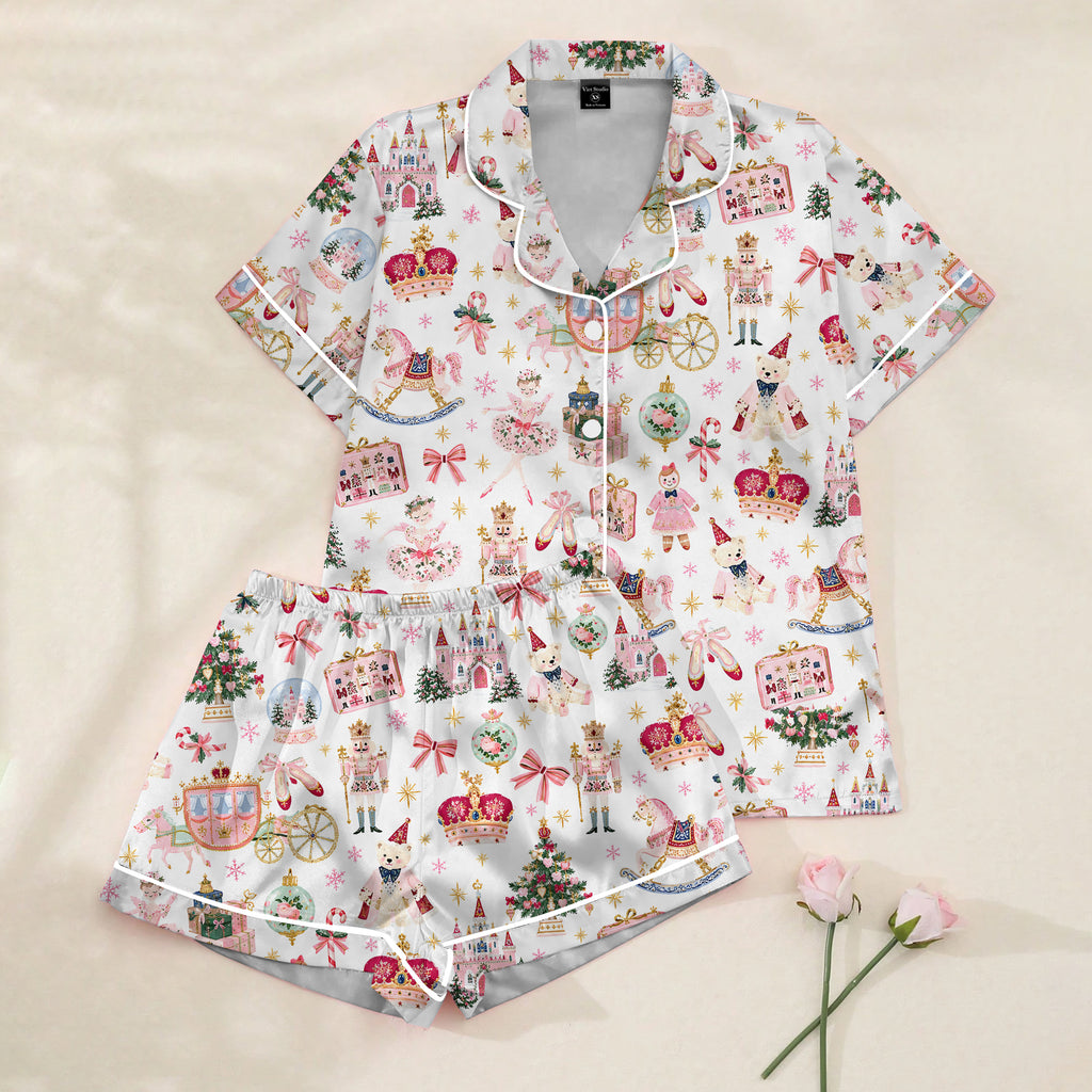 Christmas Nutcracker and Ballerina Pattern Short Sleeve Pajama Set