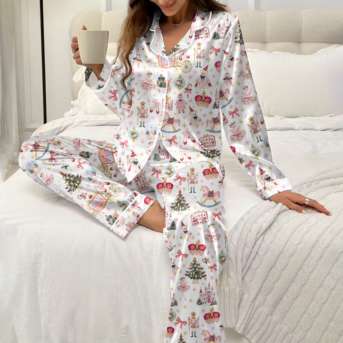 Christmas Nutcracker and Ballerina Pattern Long Sleeve Pajama Set