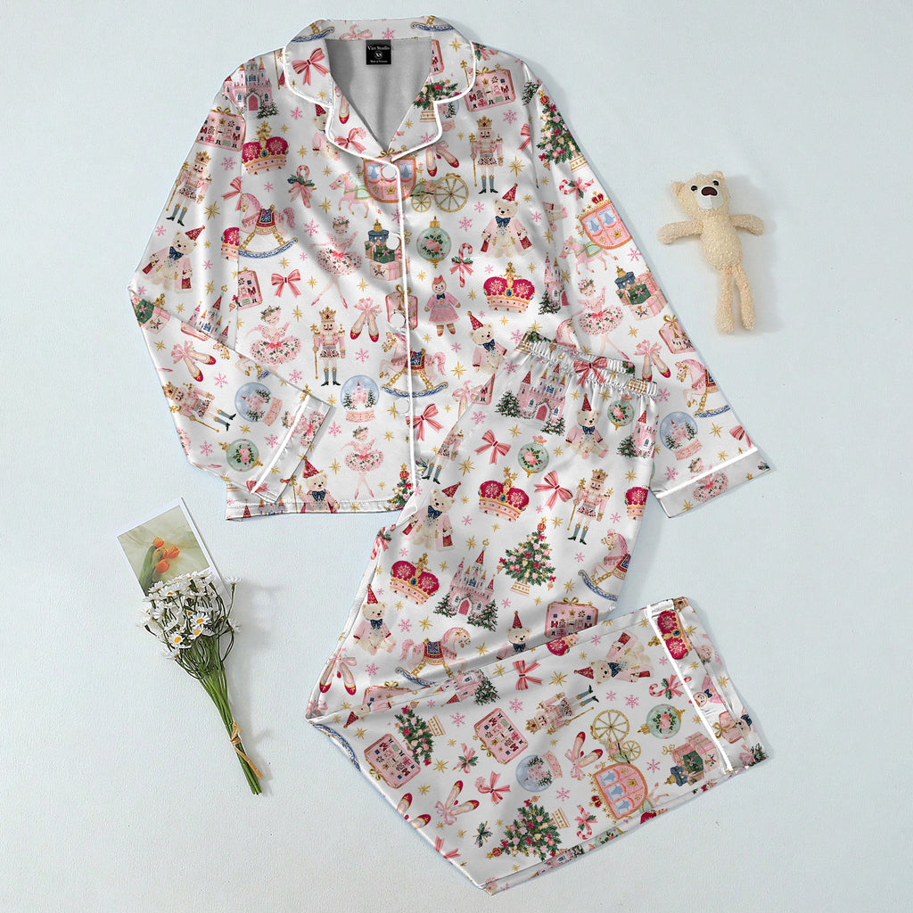 Christmas Nutcracker and Ballerina Pattern Long Sleeve Pajama Set