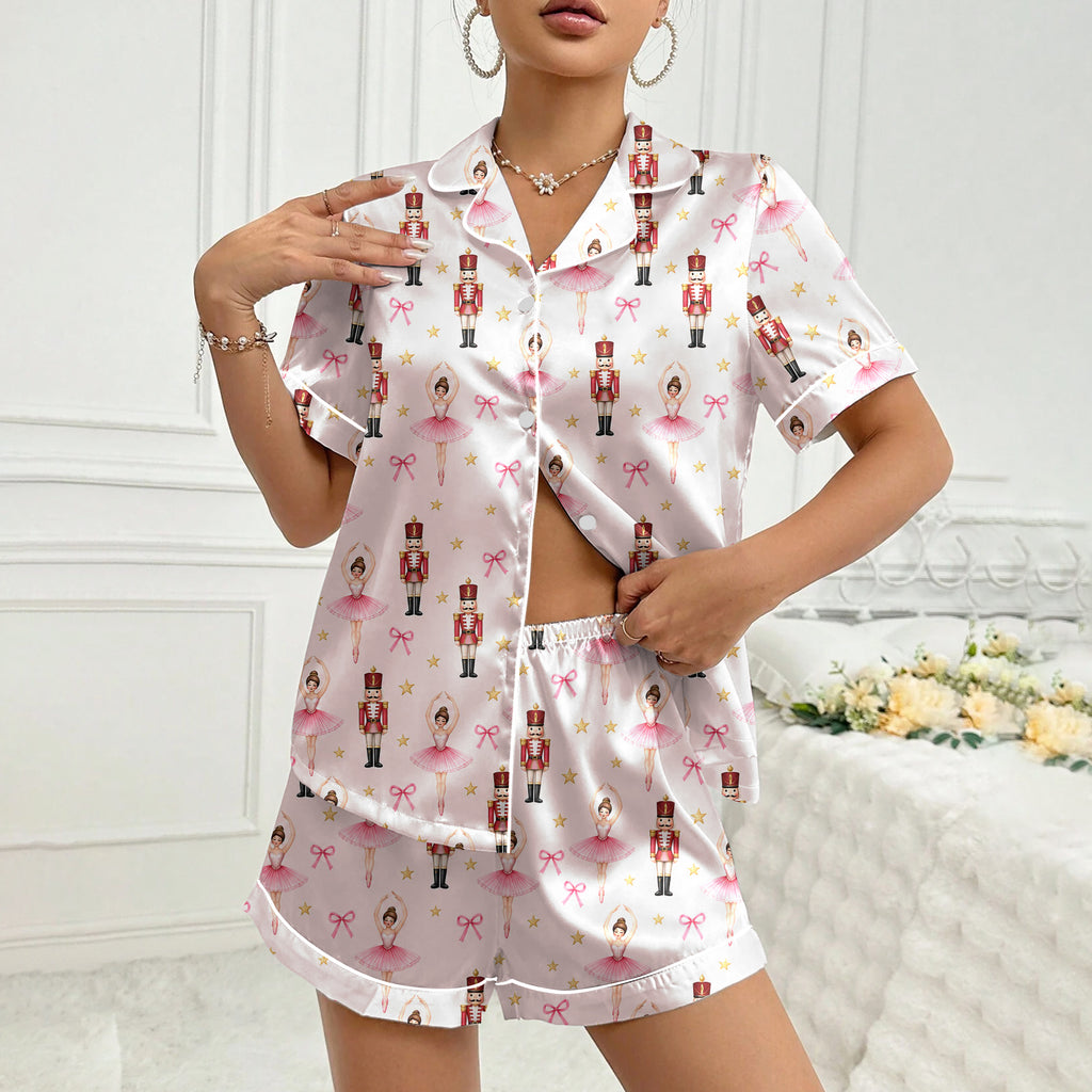 Nutcracker Ballerina and Bow Print Short Sleeve Pajama Set