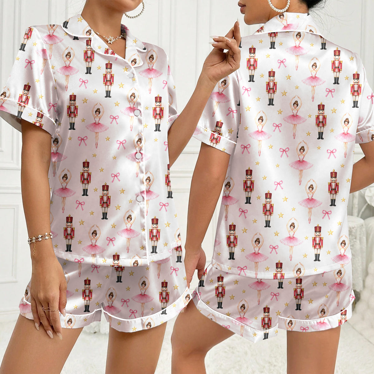 Nutcracker Ballerina and Bow Print Short Sleeve Pajama Set