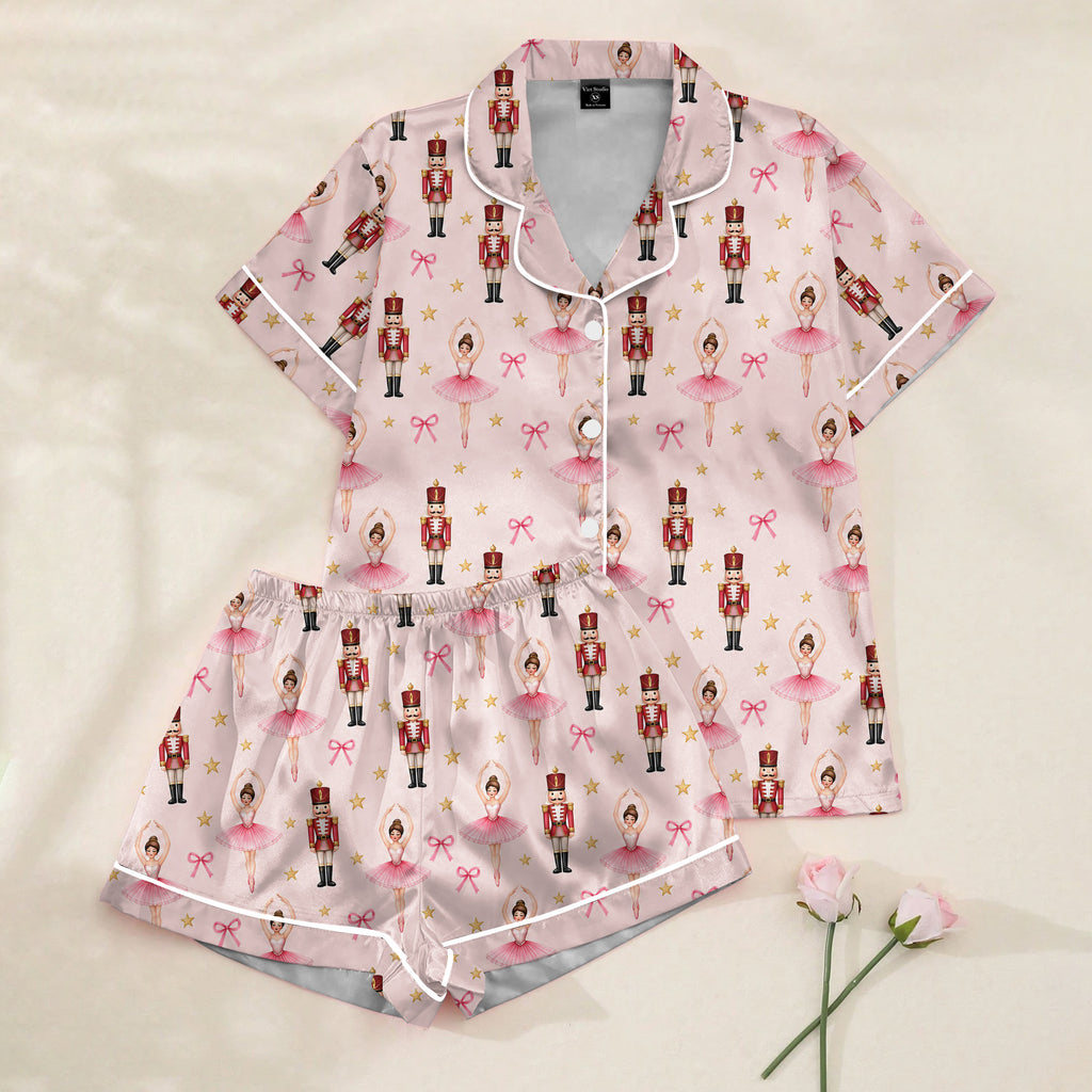 Nutcracker Ballerina and Bow Print Short Sleeve Pajama Set
