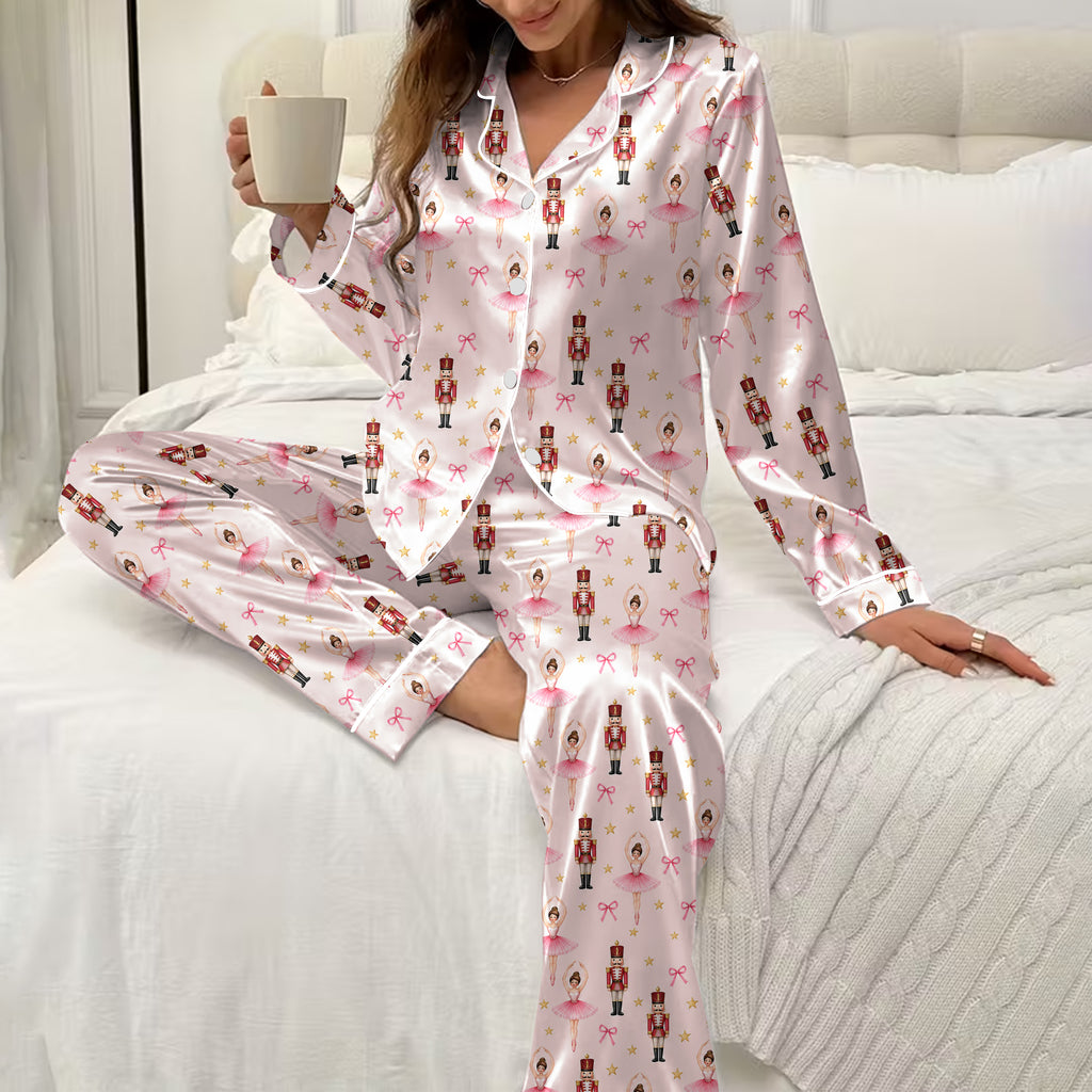 Nutcracker Ballerina and Bow Print Long Sleeve Pajama Set