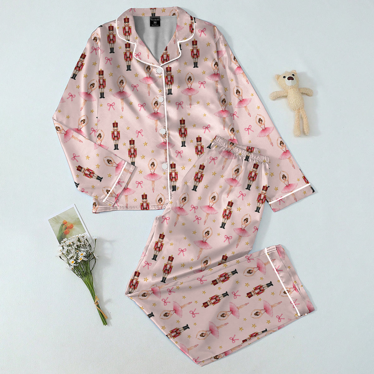 Nutcracker Ballerina and Bow Print Long Sleeve Pajama Set
