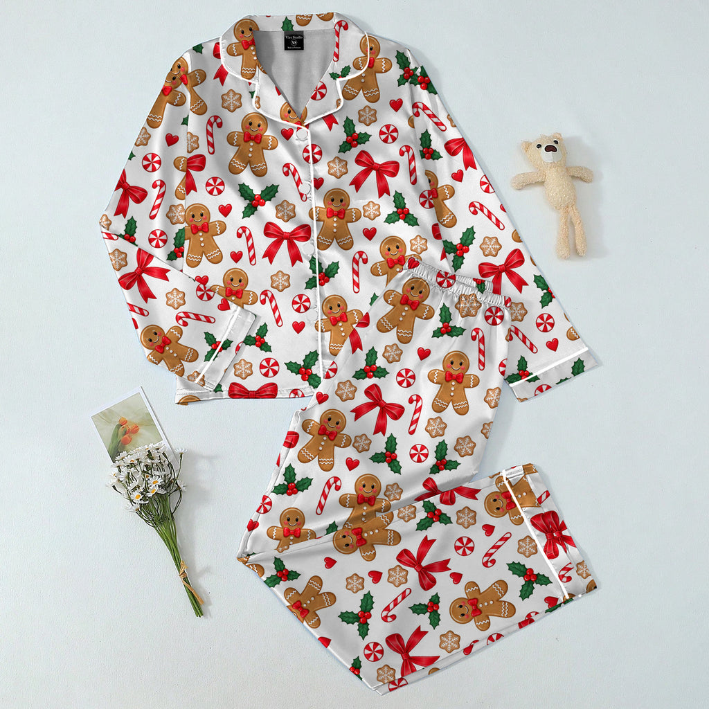 Christmas Gingerbread and Candy Cane Print Long Sleeve Pajama Set