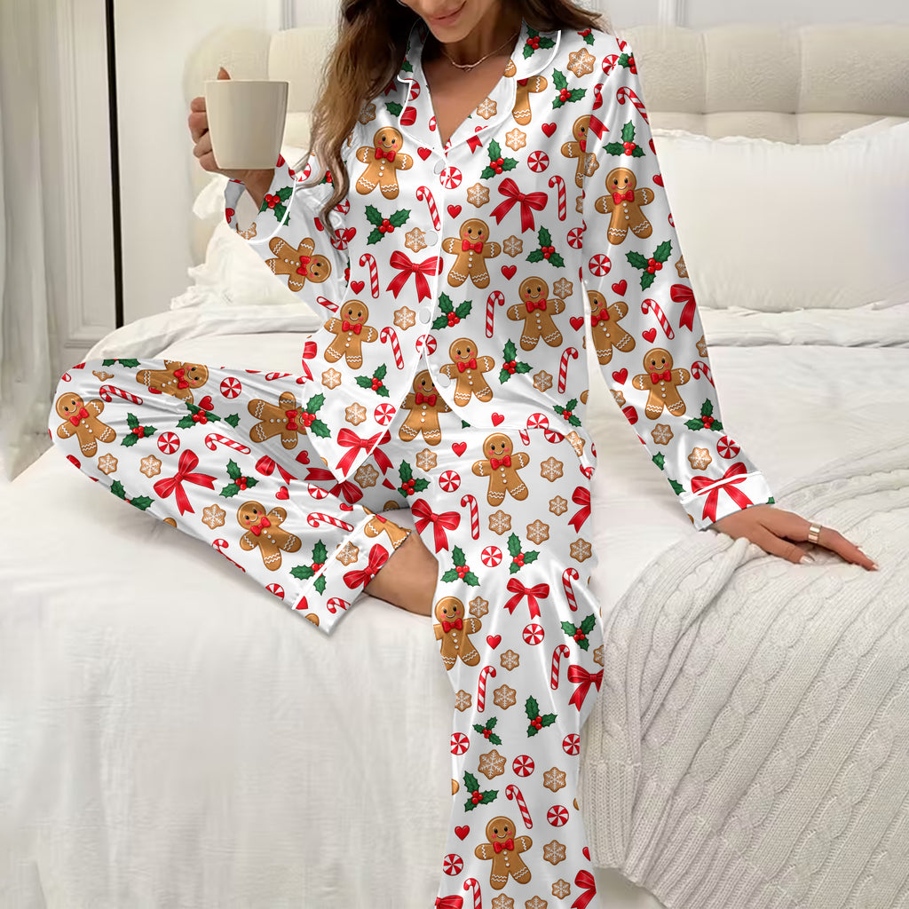 Christmas Gingerbread and Candy Cane Print Long Sleeve Pajama Set