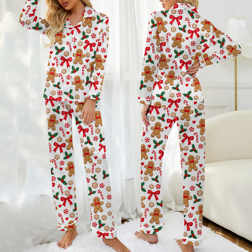 Christmas Gingerbread and Candy Cane Print Long Sleeve Pajama Set