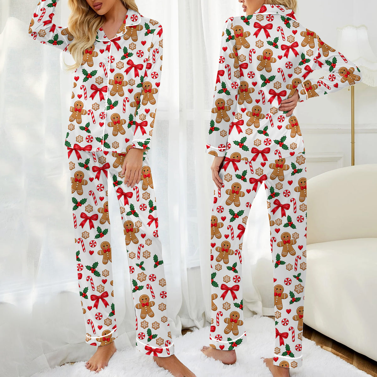 Christmas Gingerbread and Candy Cane Print Long Sleeve Pajama Set