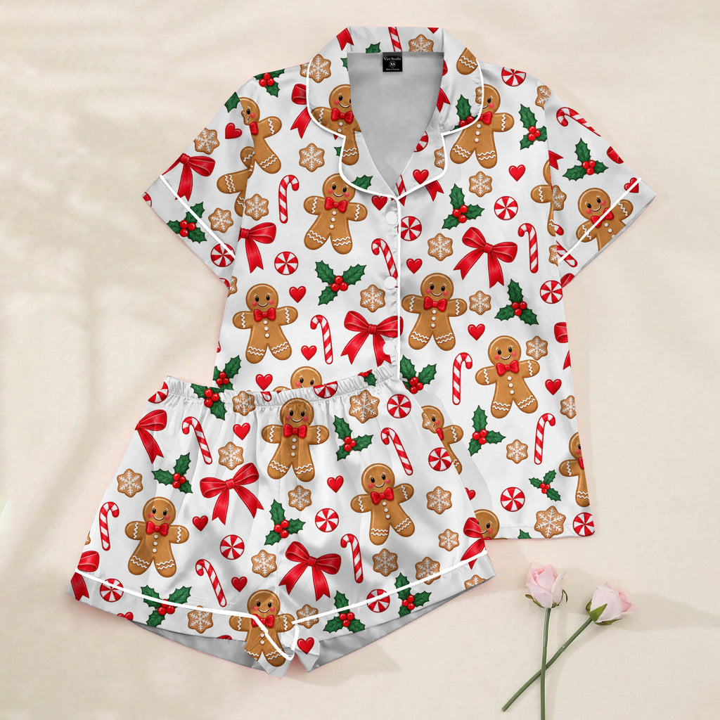 Christmas Gingerbread and Candy Cane Print Short Sleeve Pajama Set