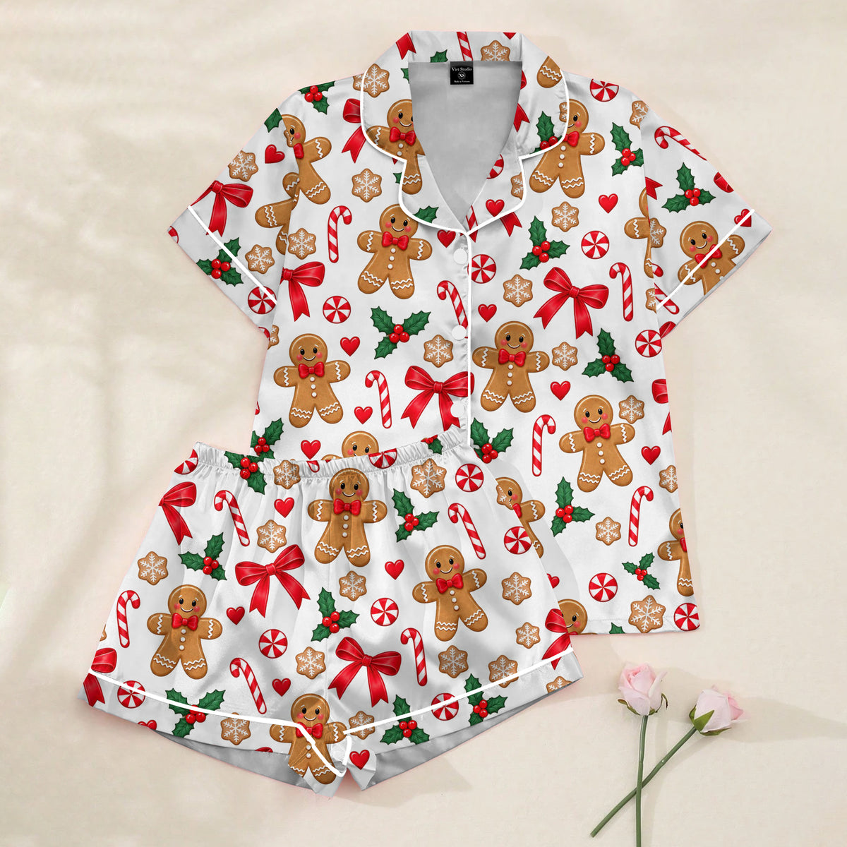Christmas Gingerbread and Candy Cane Print Short Sleeve Pajama Set