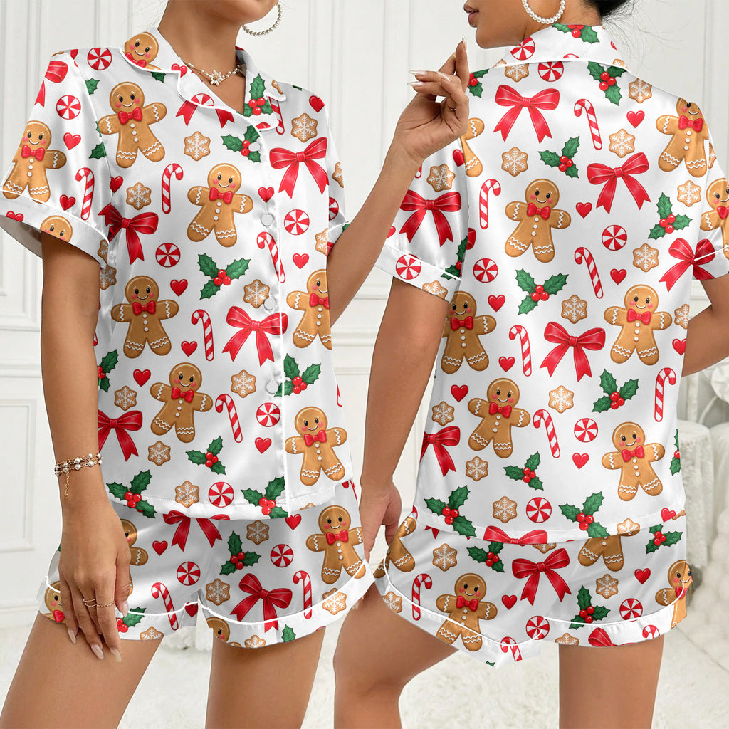 Christmas Gingerbread and Candy Cane Print Short Sleeve Pajama Set