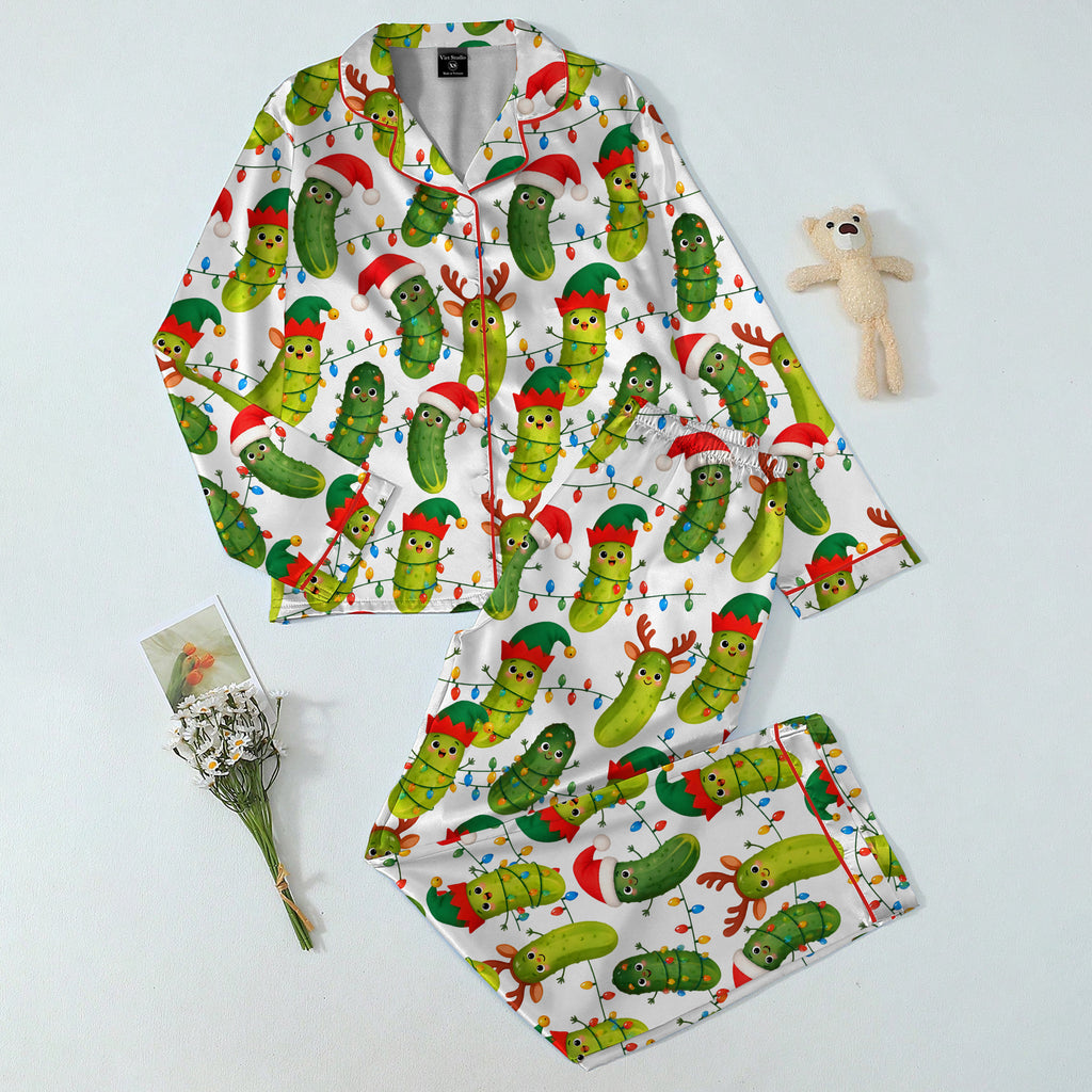 Christmas Pickle and String Lights Print Long Sleeve Pajama Set