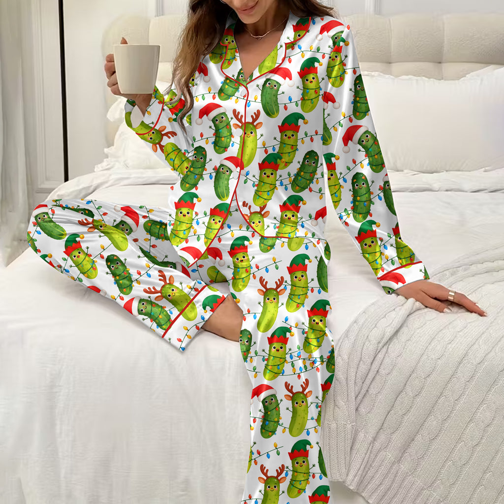 Christmas Pickle and String Lights Print Long Sleeve Pajama Set